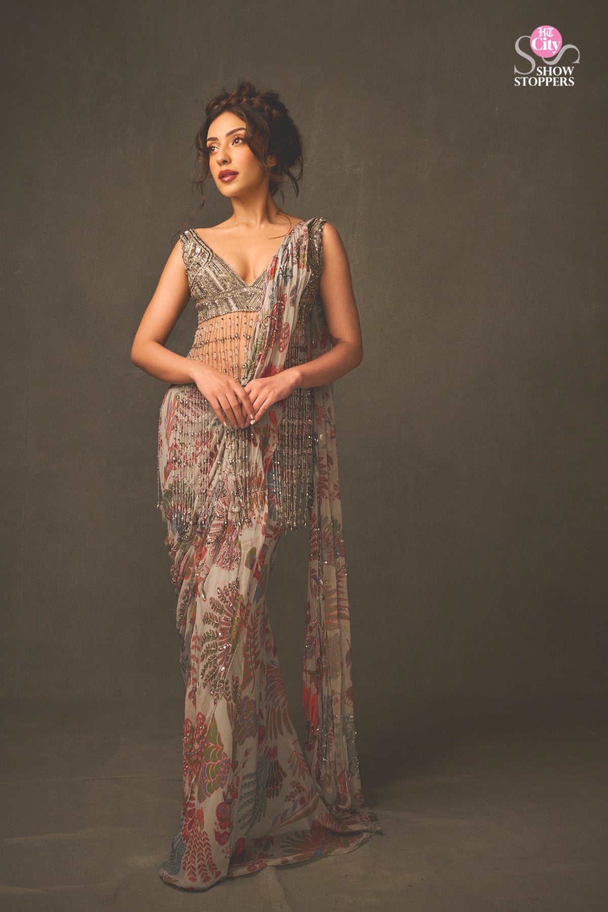 SAHHER BAMBBA IN SLATE GREY EMBROIDERED BLOUSE WITH DHOTI SKIRT SAREE SET