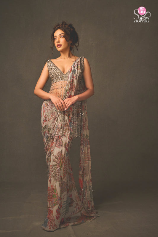 SAHHER BAMBBA IN SLATE GREY EMBROIDERED BLOUSE WITH DHOTI SKIRT SAREE SET