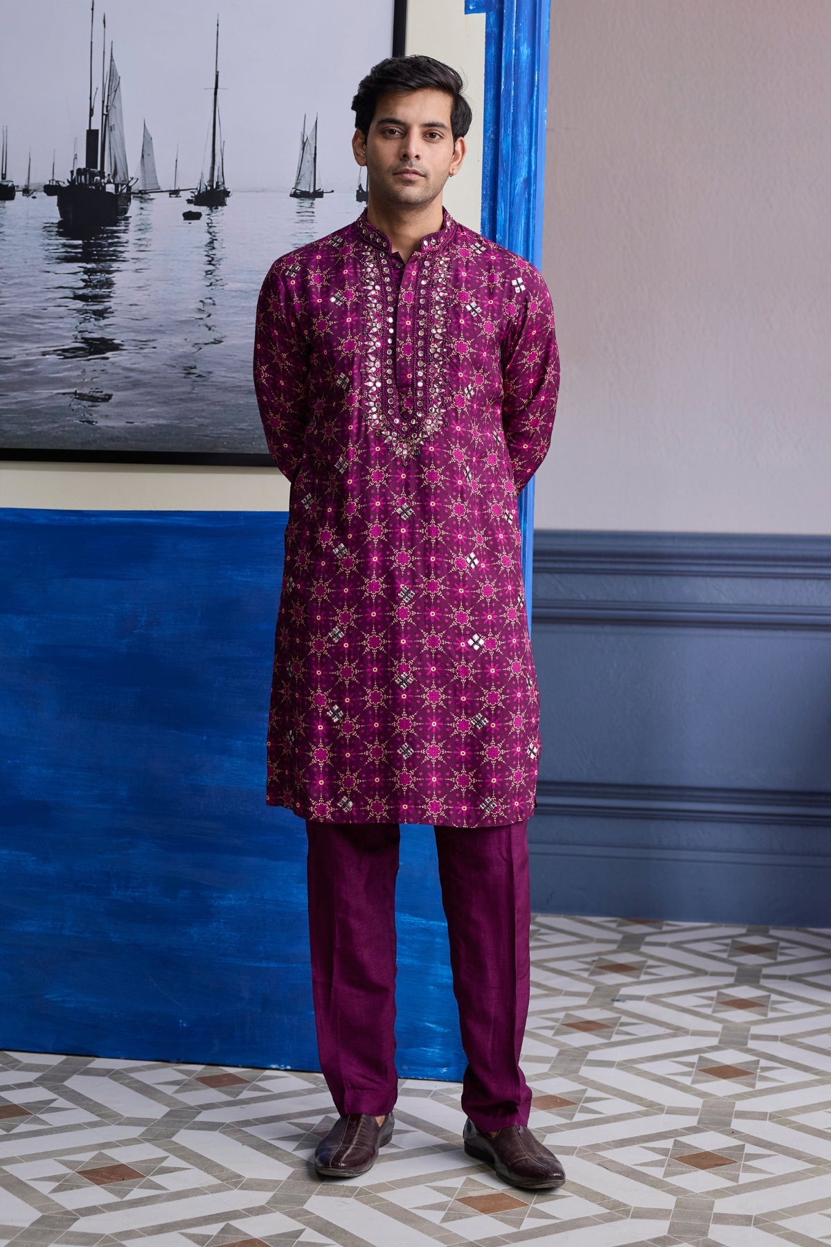 PLUM BUTTA PRINT HIGHLIGHTED KURTA WITH SOLID PANTS