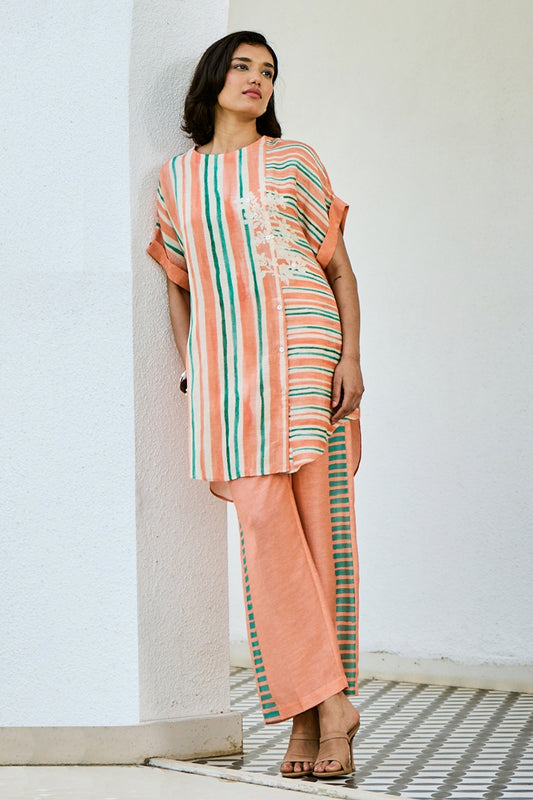 Printed Peach Linen Kurta set