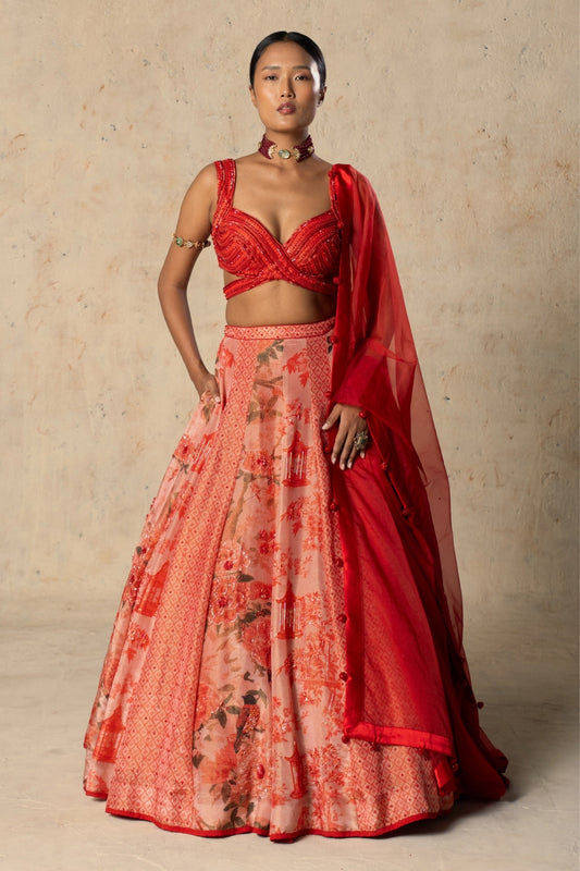 Printed red tissue Lehenga Set
