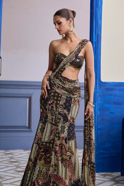 PURPLE EMBROIDERED BLOUSE WITH OLIVE FLORAL FISH CUT SAREE SET