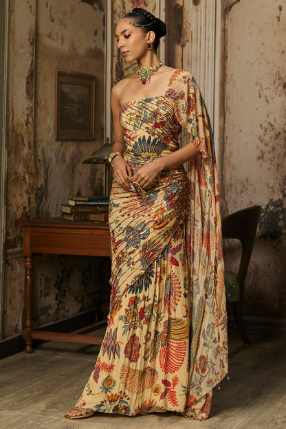 BEIGE PRINTED AND HIGHLIGTED DRAPE GOWN SAREE