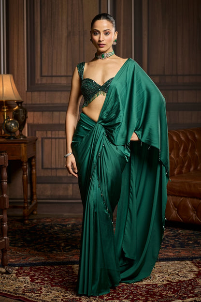 EMERALD GREEN EMBELLISHED BLOUSE AND PRE-DRAPED DHOTI SAREE SET