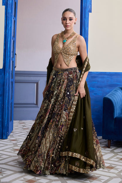 GOLD EMBROIDERED BLOUSE WITH HIGHLIGHTED LEHENGA & EMBROIDERED DUPATTA SET