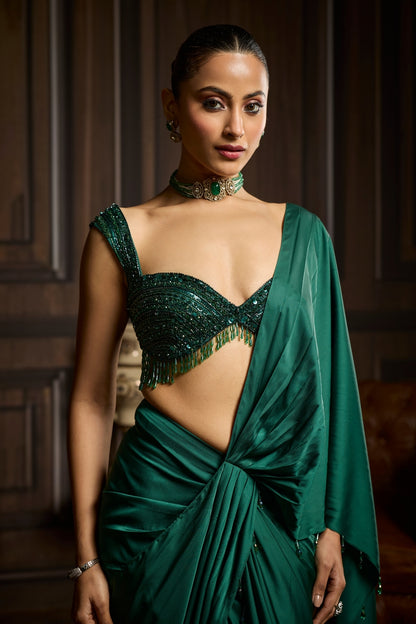 EMERALD GREEN EMBELLISHED BLOUSE AND PRE-DRAPED DHOTI SAREE SET