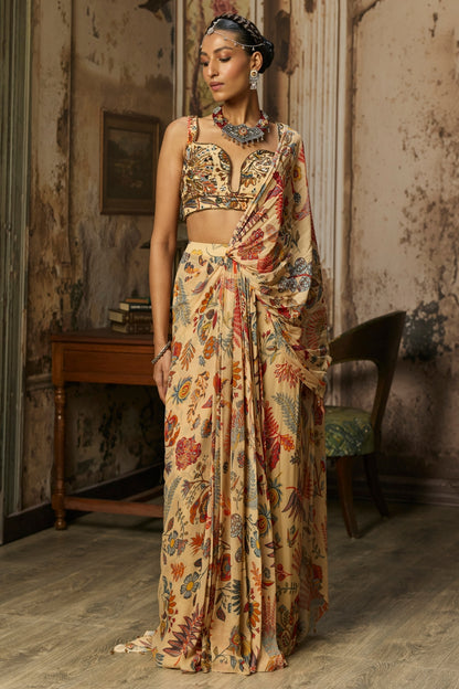 BEIGE PRINTED AND HIGHLIGHTED BLOUSE SKIRT SAREE SET