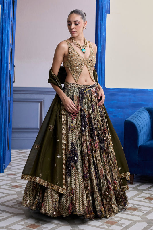 GOLD EMBROIDERED BLOUSE WITH HIGHLIGHTED LEHENGA & EMBROIDERED DUPATTA SET