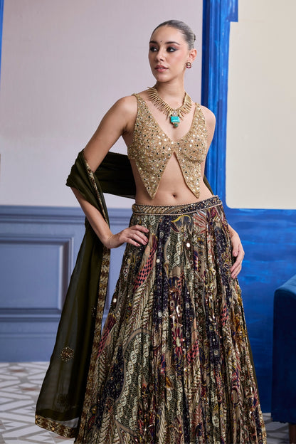 GOLD EMBROIDERED BLOUSE WITH HIGHLIGHTED LEHENGA & EMBROIDERED DUPATTA SET