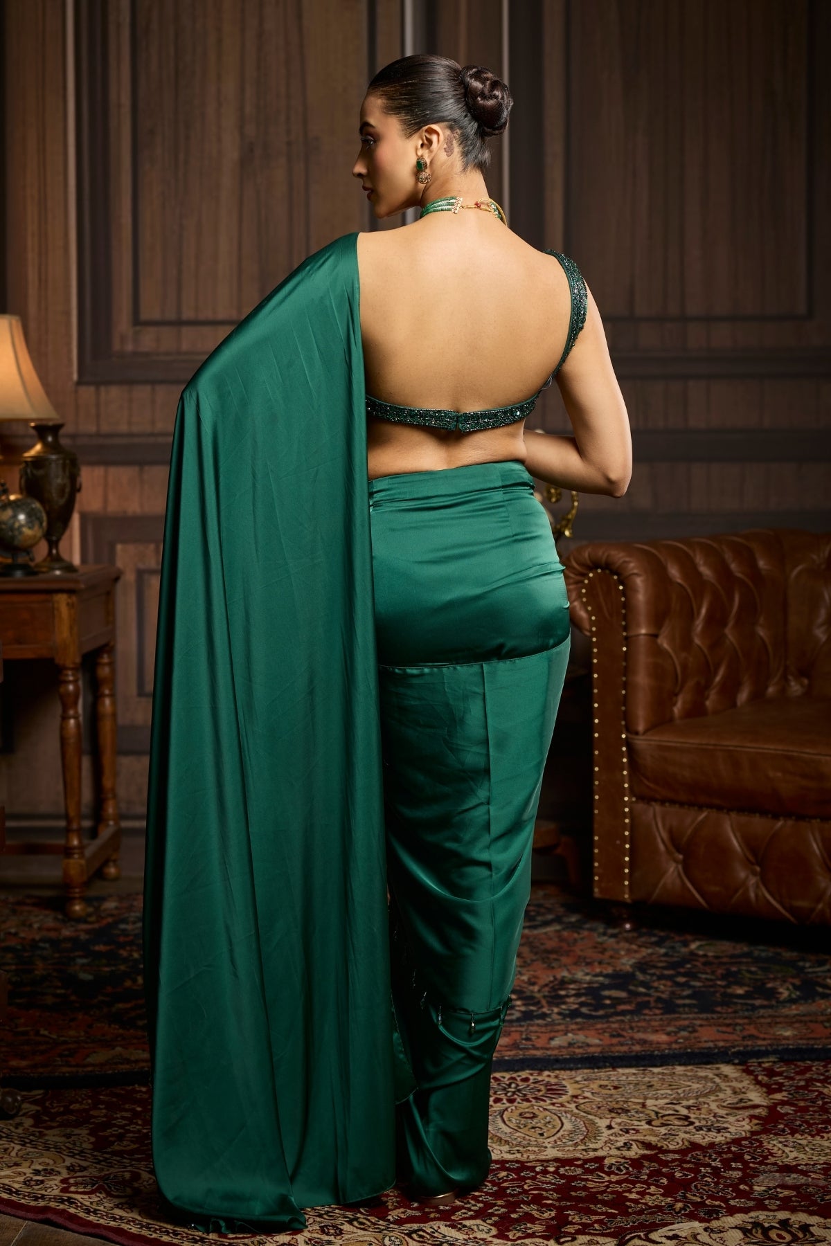 EMERALD GREEN EMBELLISHED BLOUSE AND PRE-DRAPED DHOTI SAREE SET