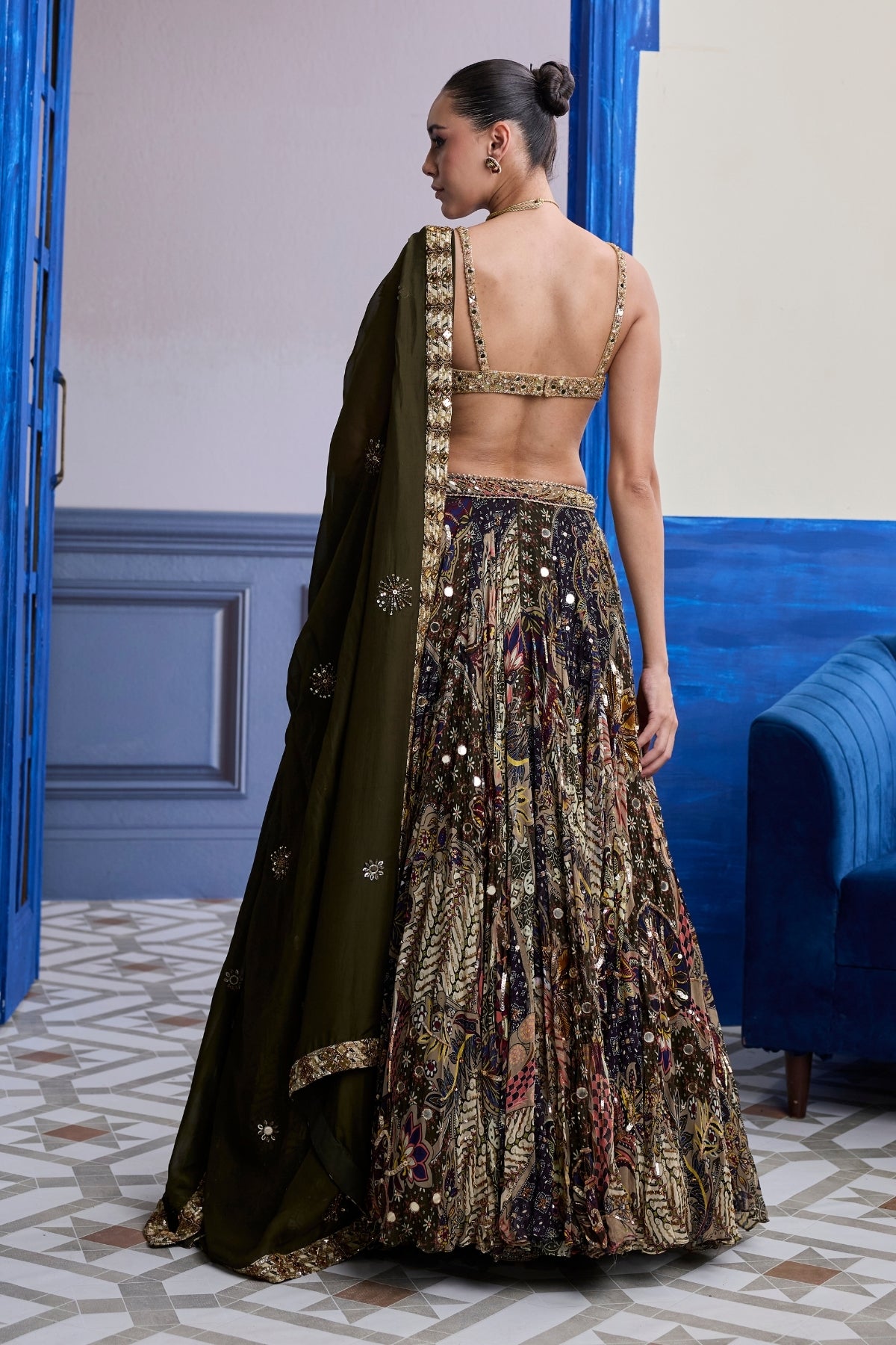 GOLD EMBROIDERED BLOUSE WITH HIGHLIGHTED LEHENGA & EMBROIDERED DUPATTA SET