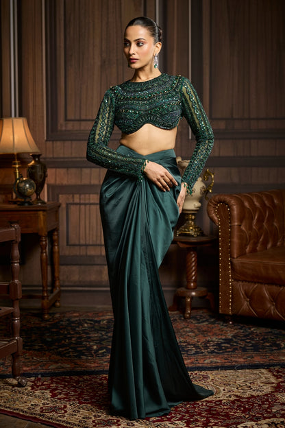 EMERALD GREEN EMBROIDERED BLOUSE AND DRAPED SKIRT SET