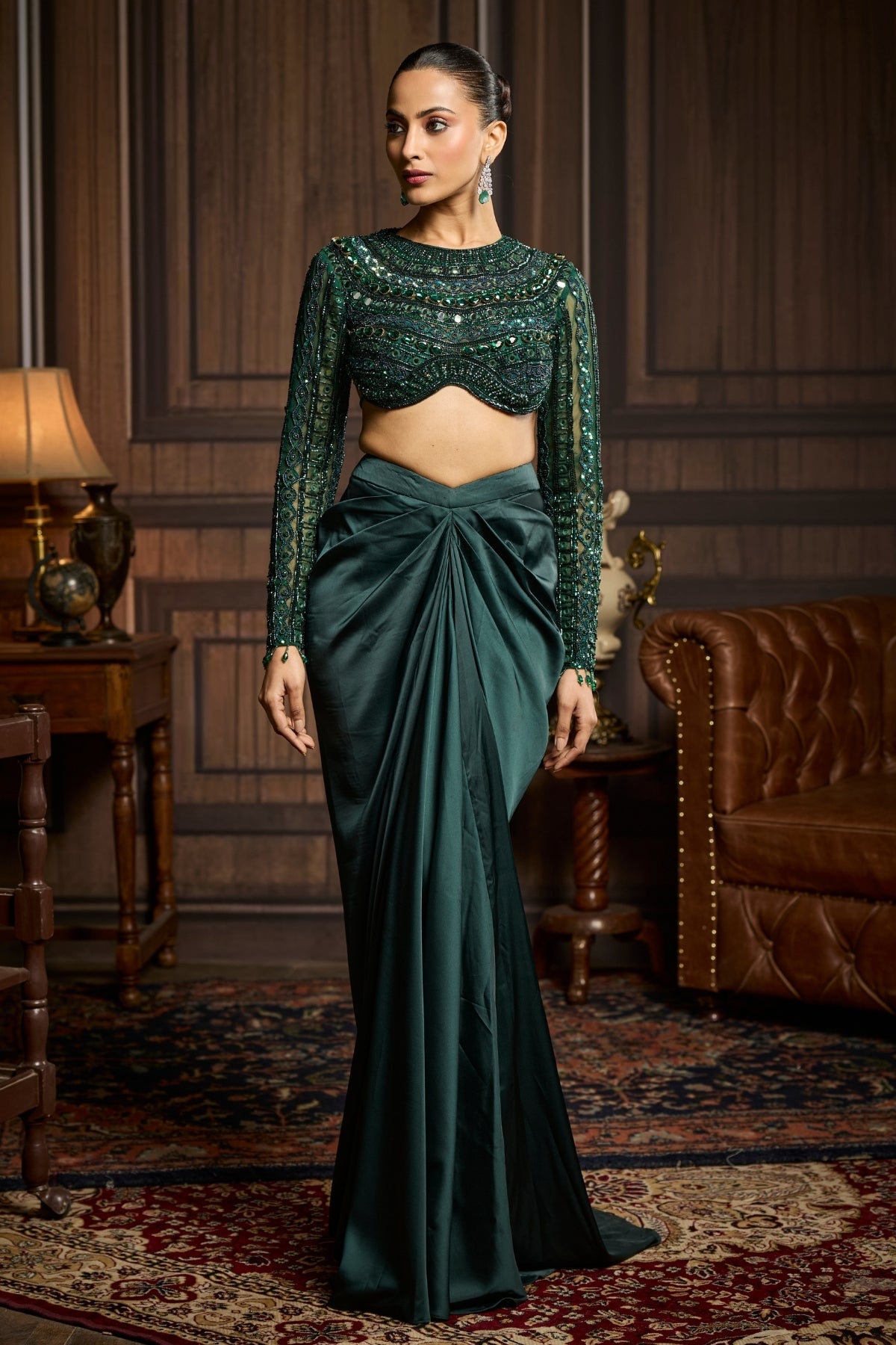 EMERALD GREEN EMBROIDERED BLOUSE AND DRAPED SKIRT SET
