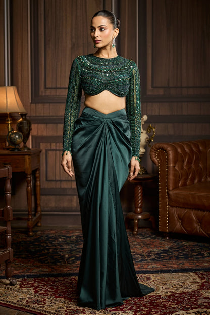EMERALD GREEN EMBROIDERED BLOUSE AND DRAPED SKIRT SET