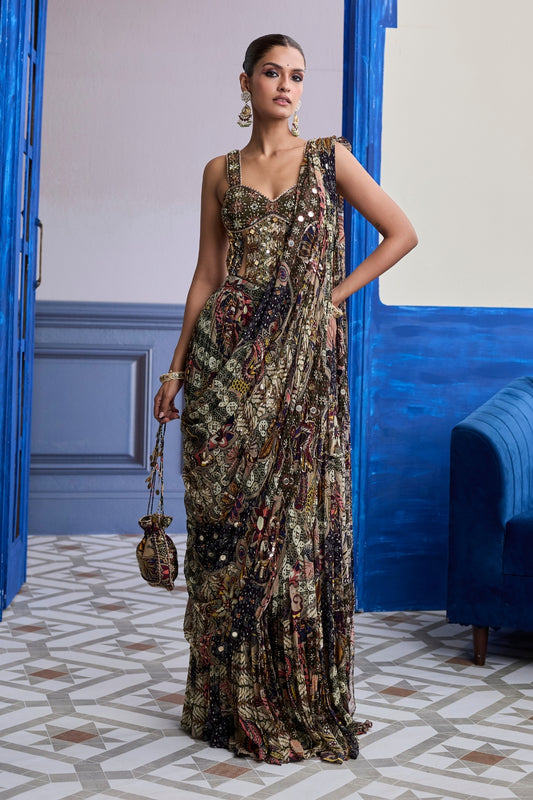 OLIVE PRINT CORSET WITH DRAPE TIERED SKIRT SAREE SET