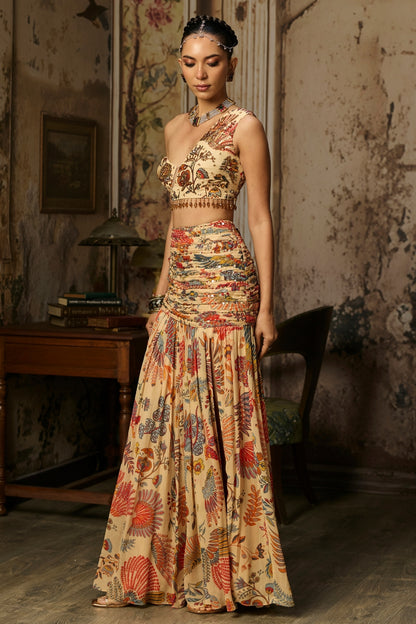 BEIGE PRINTED AND HIGHLIGTED BLOUSE WITH SKIRT SET