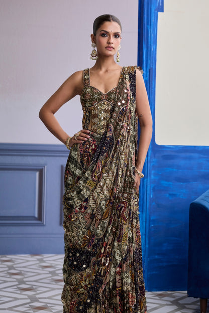 OLIVE PRINT CORSET WITH DRAPE TIERED SKIRT SAREE SET