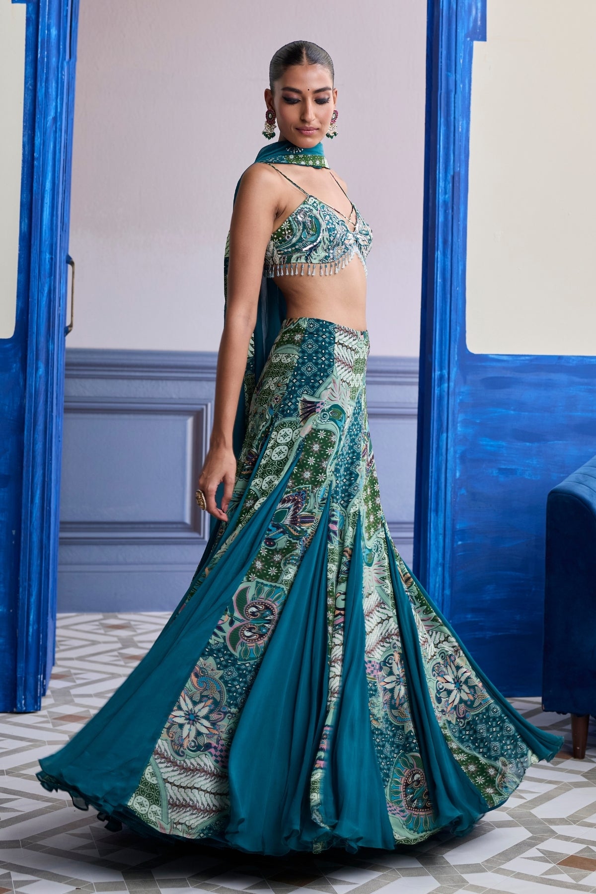 GREEN FLORAL BLOUSE WITH GODET SKIRT & EMBROIDERED DUPATTA SET