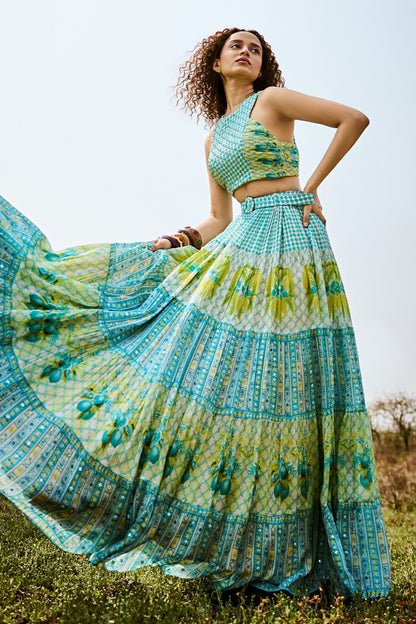 Printed Aqua Green Lehenga Set