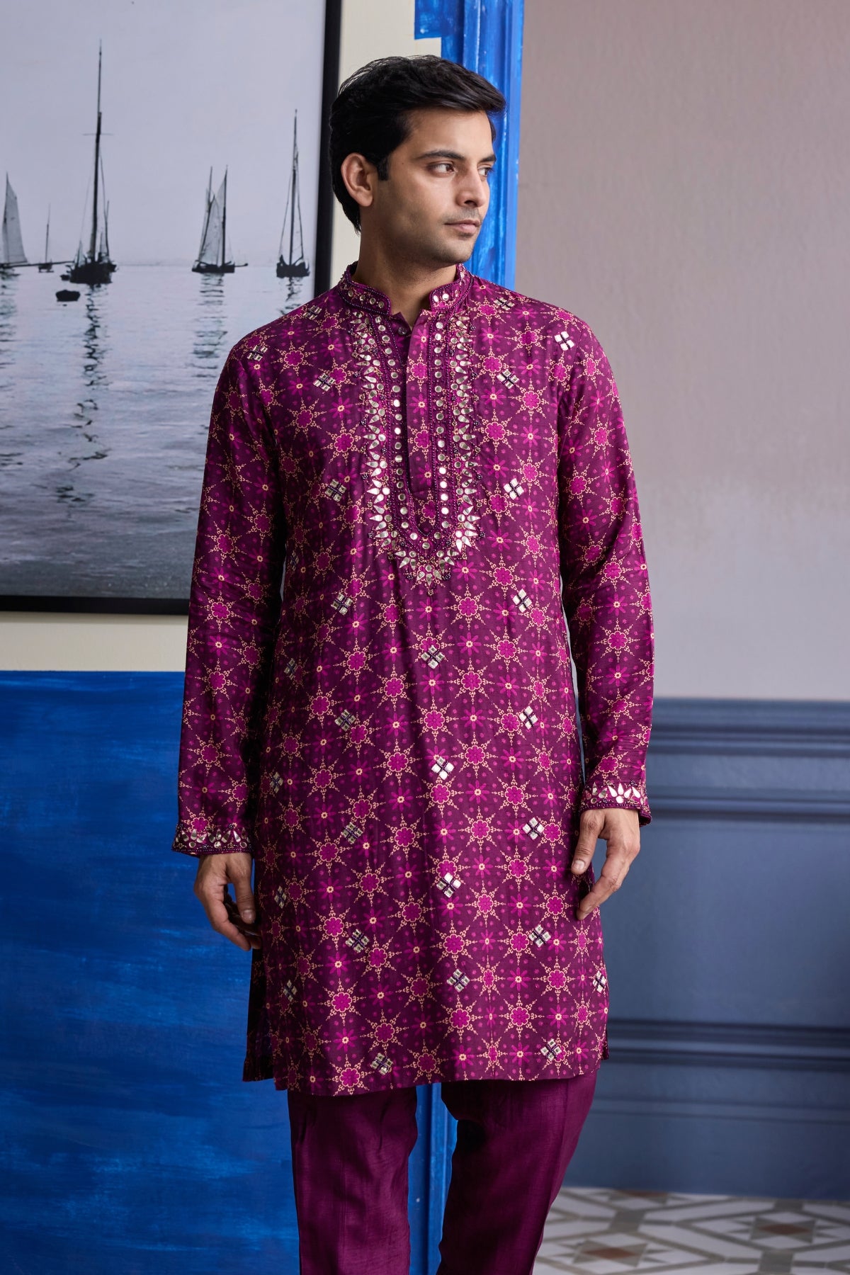 PLUM BUTTA PRINT HIGHLIGHTED KURTA WITH SOLID PANTS