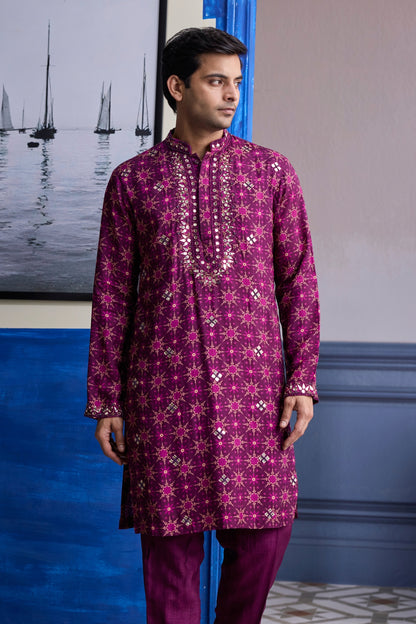 PLUM BUTTA PRINT HIGHLIGHTED KURTA WITH SOLID PANTS