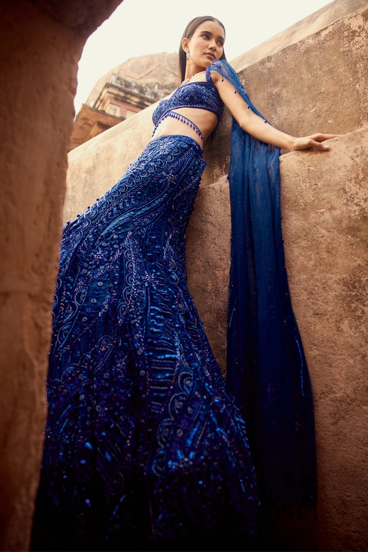 ELECTRIC BLUE  TRAIL MERMAID SKIRT SAREE SET