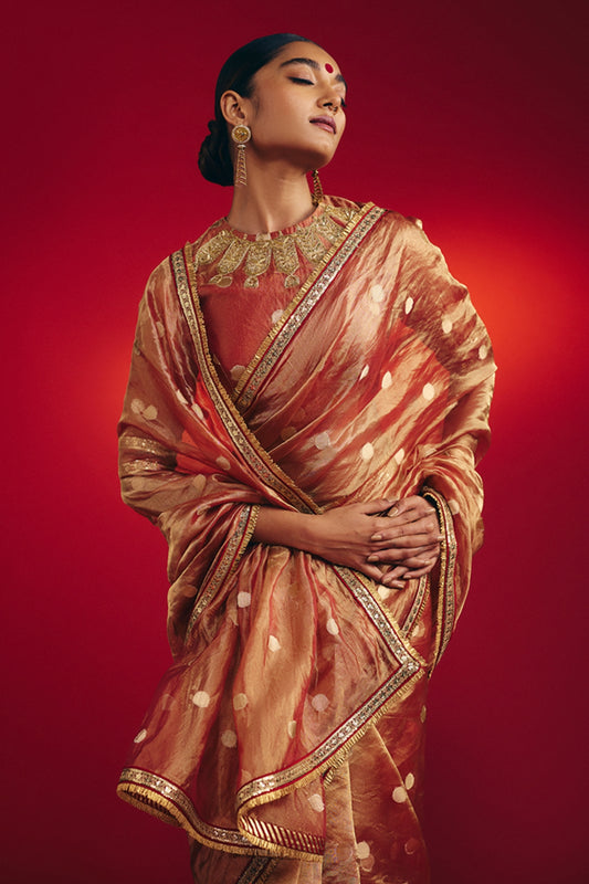 Red Polka Tissue Saree