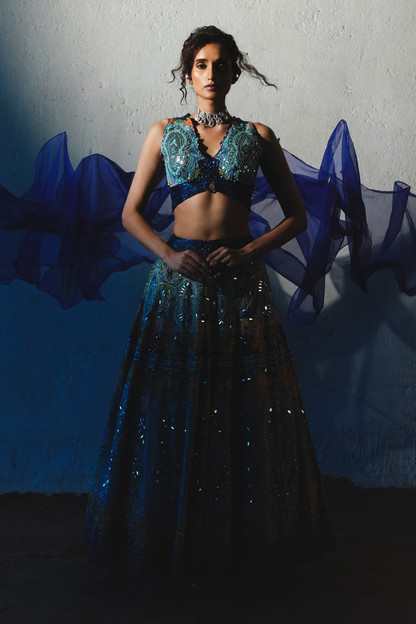 Blue Chiffon Handwork Lehenga Set