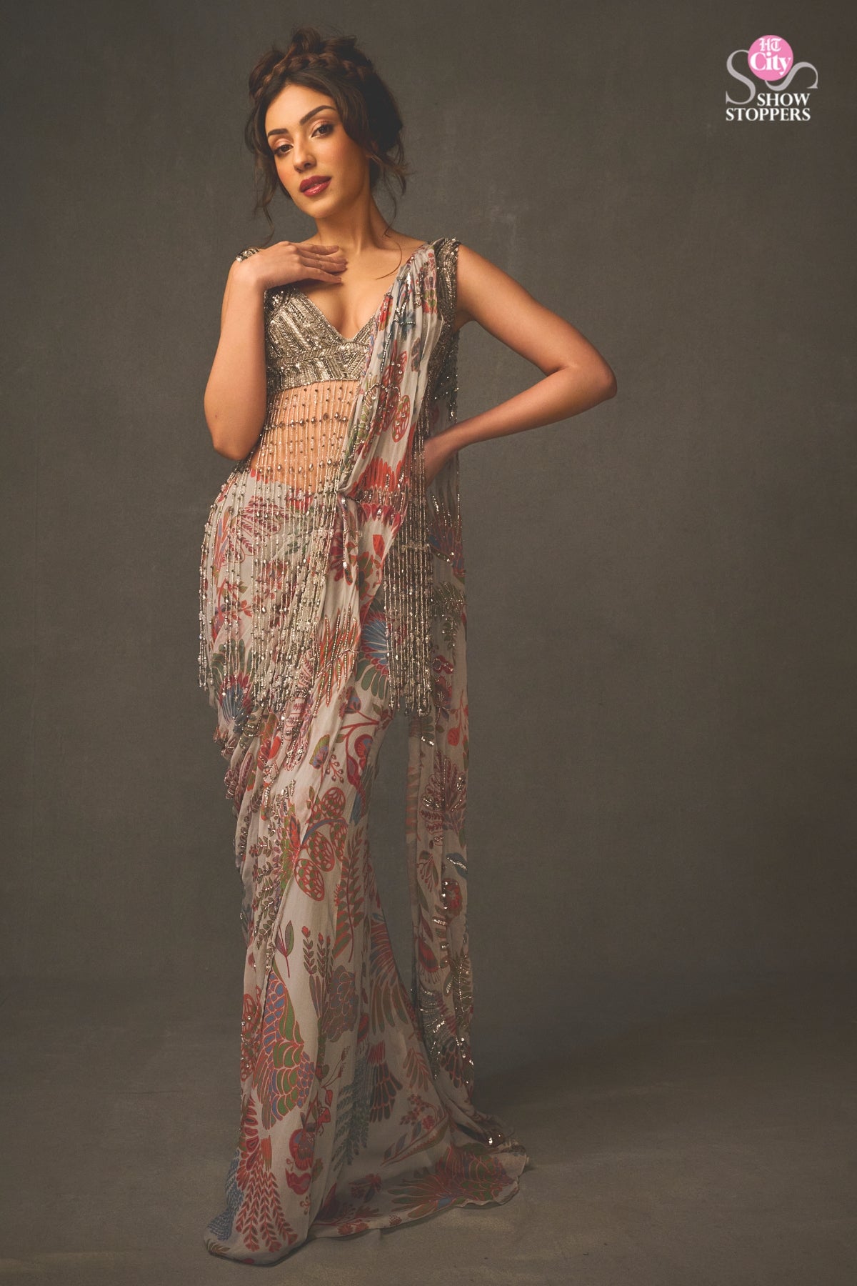 SAHHER BAMBBA IN SLATE GREY EMBROIDERED BLOUSE WITH DHOTI SKIRT SAREE SET