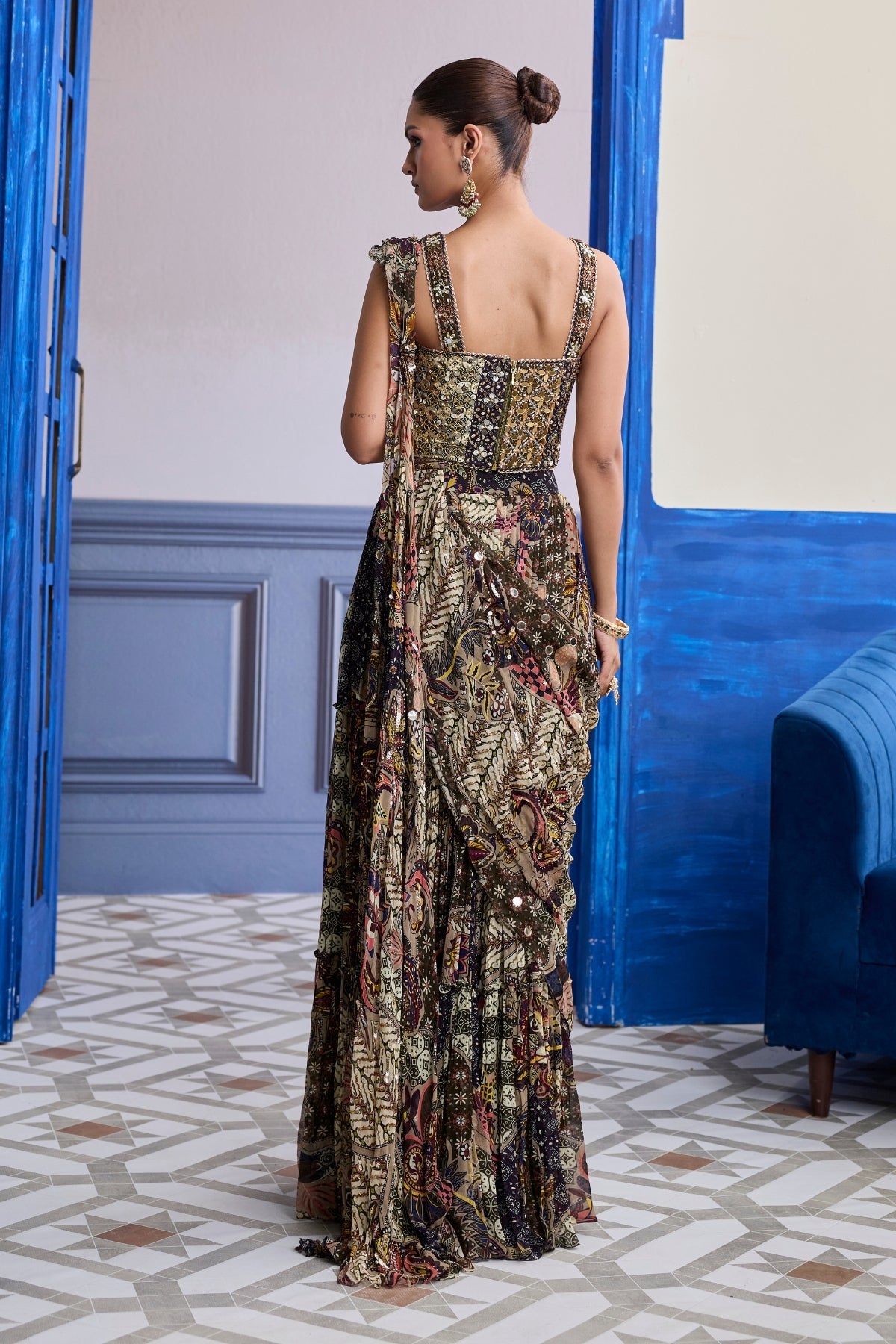 OLIVE PRINT CORSET WITH DRAPE TIERED SKIRT SAREE SET