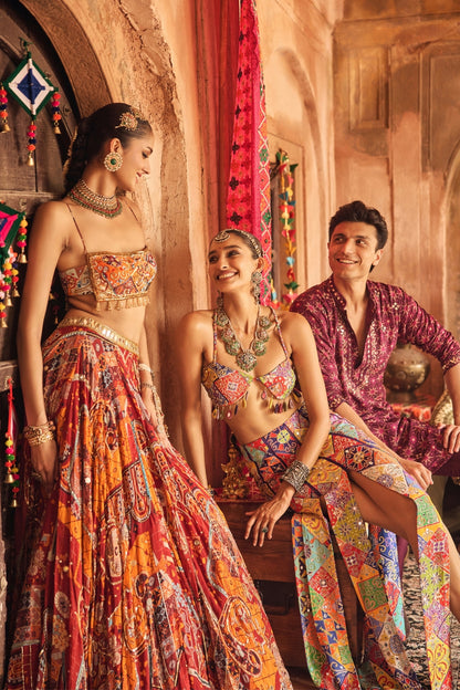 RUST MOSAIC SQUARE NECK BLOUSE WITH LEHENGA & TASSEL DUPATTA SET