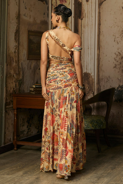 BEIGE PRINTED AND HIGHLIGTED BLOUSE WITH SKIRT SET