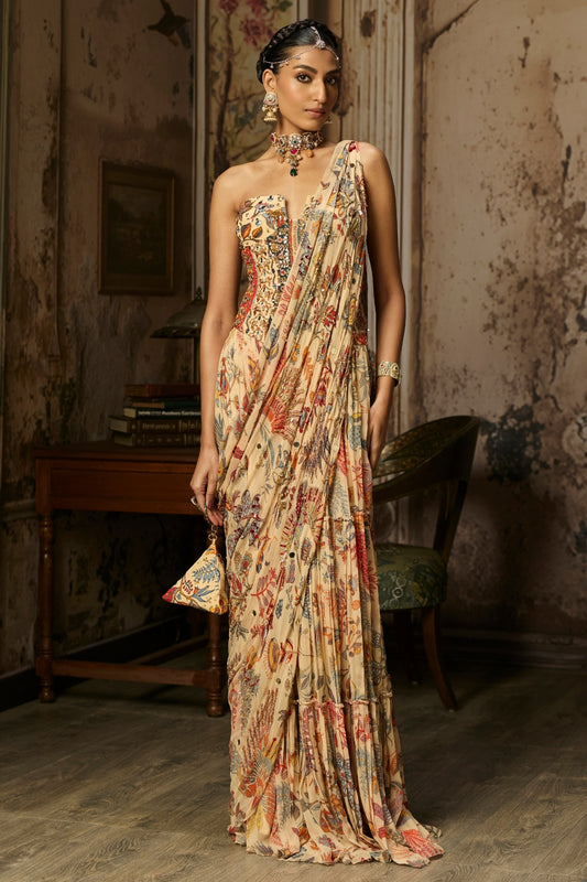 BEIGE PRINTED AND HIGHLIGHTED CORSET WITH TIERED SKIRT SAREE SET