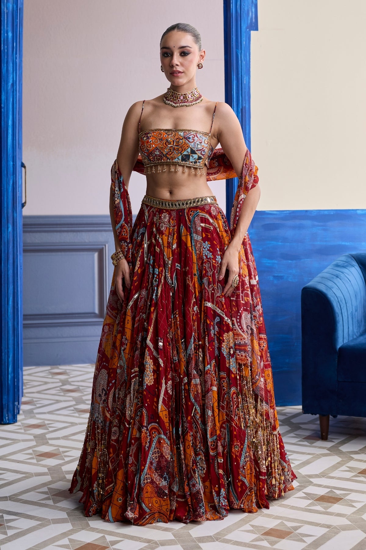 RUST MOSAIC SQUARE NECK BLOUSE WITH LEHENGA & TASSEL DUPATTA SET
