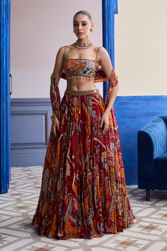RUST MOSAIC SQUARE NECK BLOUSE WITH LEHENGA & TASSEL DUPATTA SET