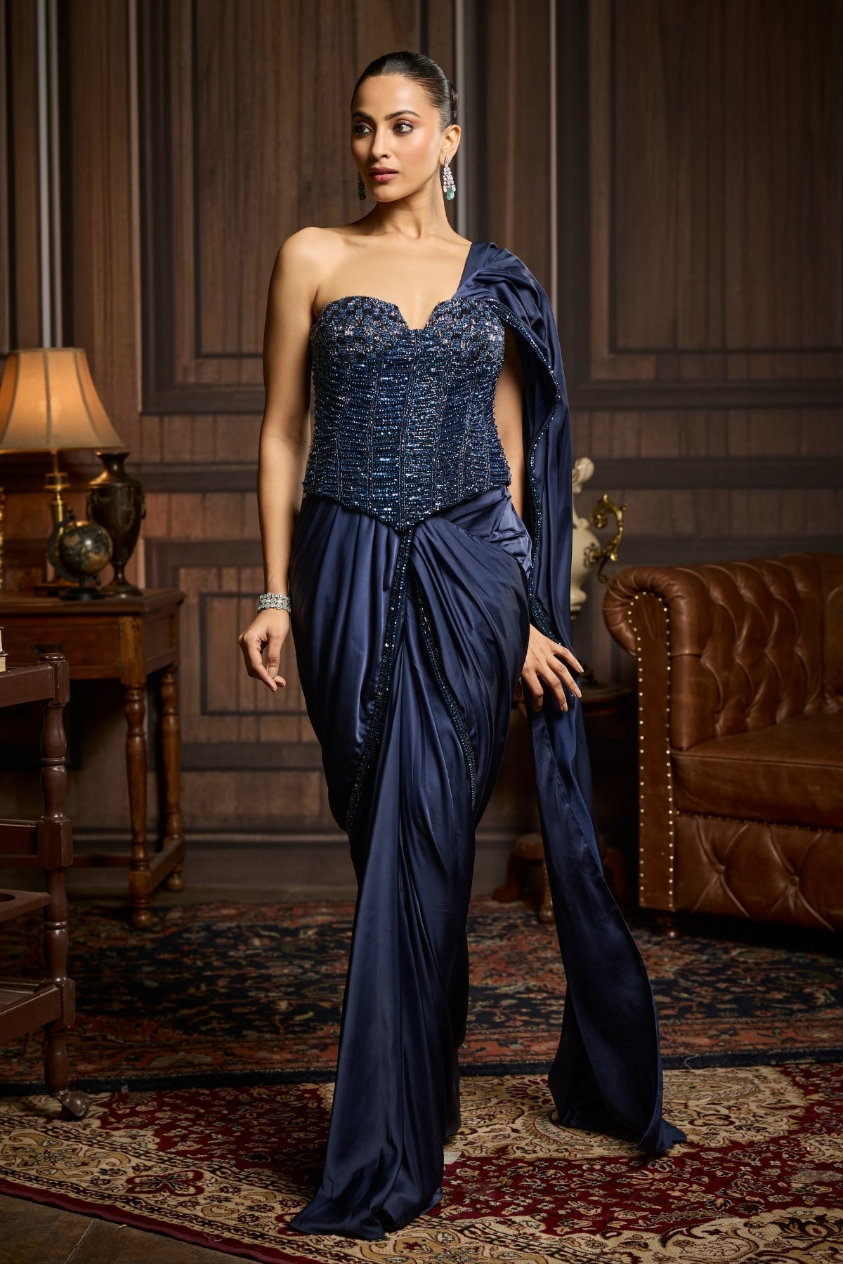 MIDNIGHT BLUE EMBELLISHED CORSET AND SOLID DRAPED DHOTI SAREE SET