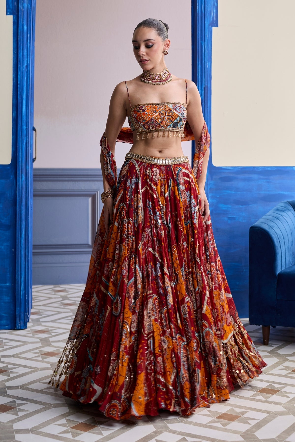 RUST MOSAIC SQUARE NECK BLOUSE WITH LEHENGA & TASSEL DUPATTA SET