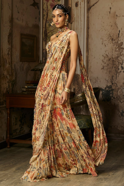 BEIGE PRINTED AND HIGHLIGHTED CORSET WITH TIERED SKIRT SAREE SET
