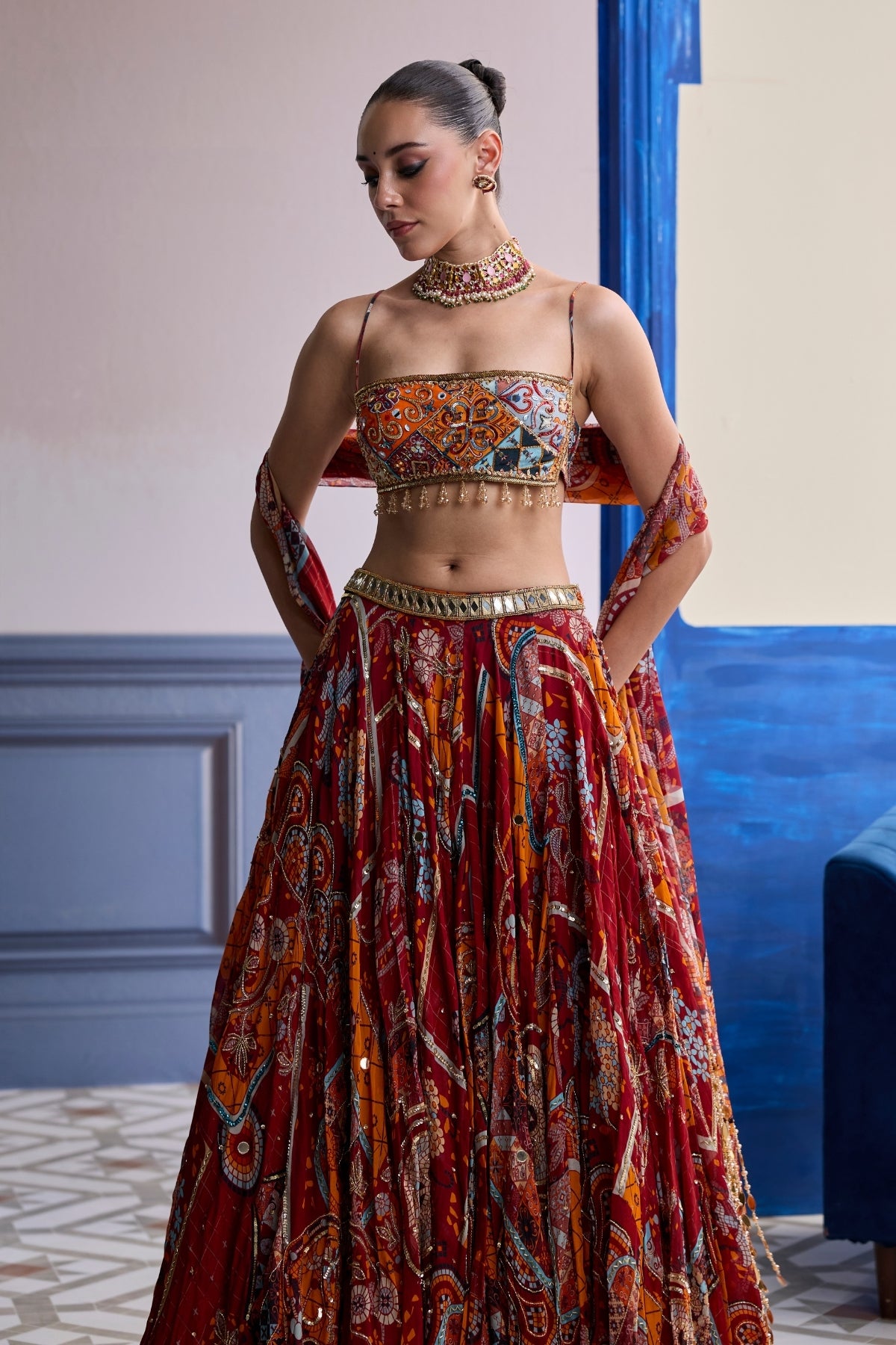 RUST MOSAIC SQUARE NECK BLOUSE WITH LEHENGA & TASSEL DUPATTA SET