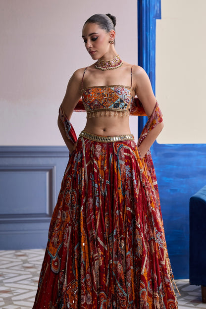 RUST MOSAIC SQUARE NECK BLOUSE WITH LEHENGA & TASSEL DUPATTA SET
