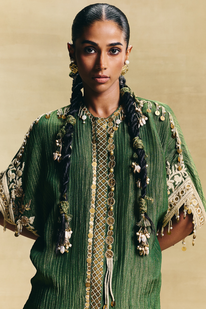 Green kaftan top & draped skirt