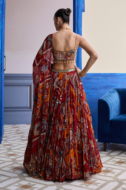 RUST MOSAIC SQUARE NECK BLOUSE WITH LEHENGA & TASSEL DUPATTA SET