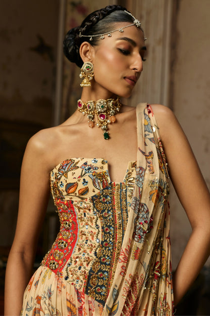BEIGE PRINTED AND HIGHLIGHTED CORSET WITH TIERED SKIRT SAREE SET