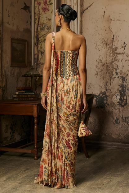 BEIGE PRINTED AND HIGHLIGHTED CORSET WITH TIERED SKIRT SAREE SET