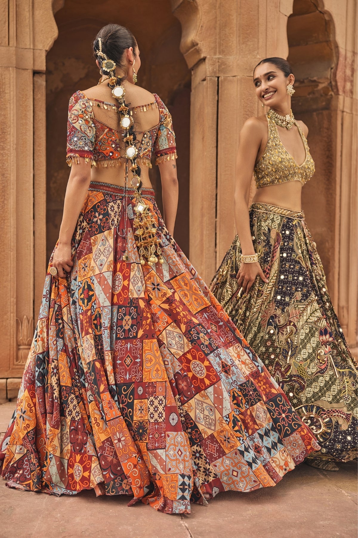 RUST HIGHLIGHTED BLOUSE WITH LEHENGA & EMBROIDERED DUPATTA SET