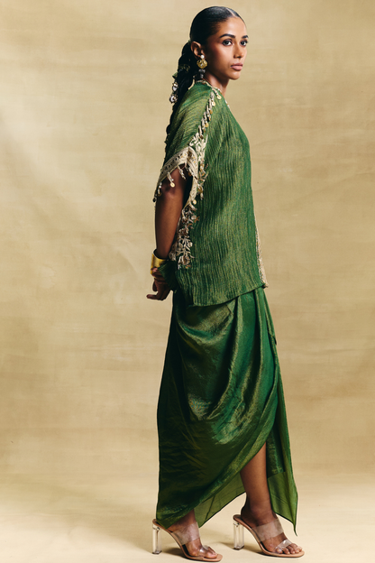 Green kaftan top & draped skirt