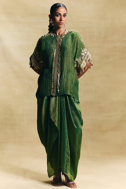 Green kaftan top & draped skirt