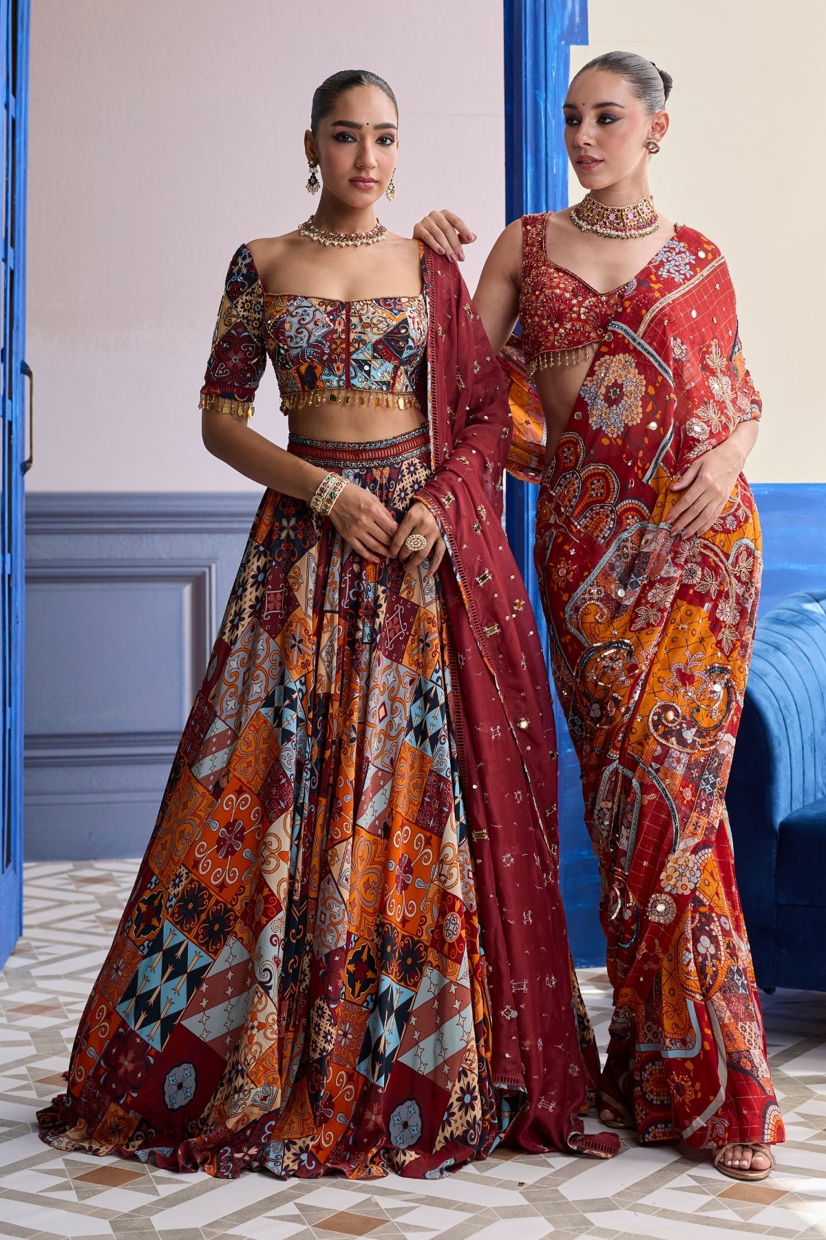RUST HIGHLIGHTED BLOUSE WITH LEHENGA & EMBROIDERED DUPATTA SET