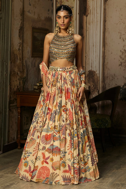 BEIGE EMBROIDERED BLOUSE WITH PRINTED AND EMBROIDERED LEHENGA SET