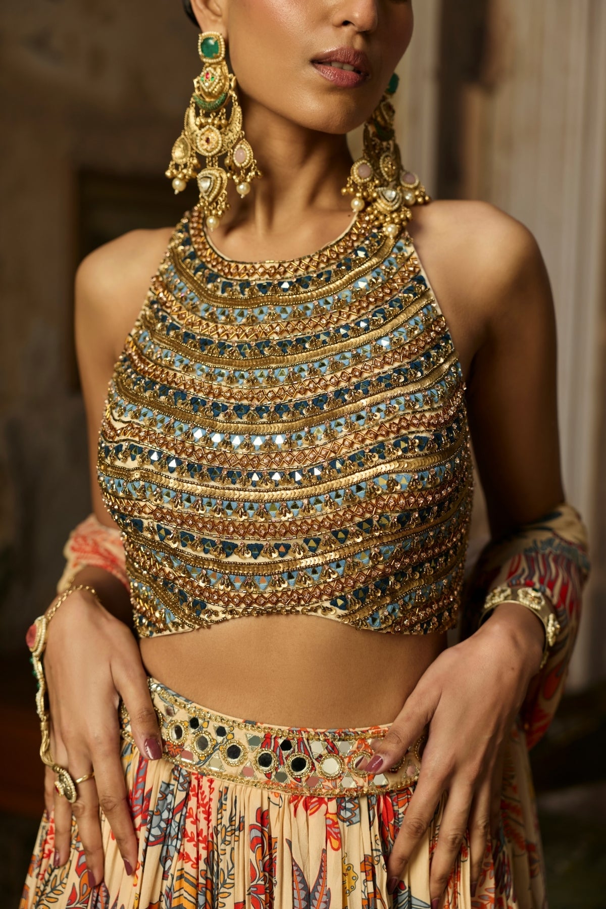 BEIGE EMBROIDERED BLOUSE WITH PRINTED AND EMBROIDERED LEHENGA SET